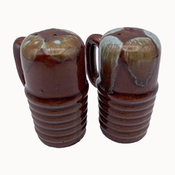 Vintage Drip Glaze Salt & Pepper Shaker Set Brown/Green with Handle - Picture 2 of 10